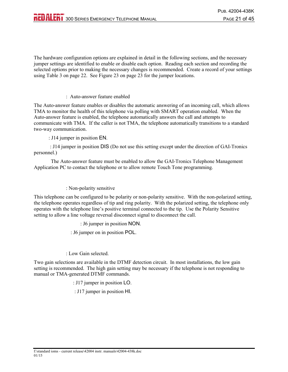 Setup, Hardware configuration, Auto-answer configuration | Polarity configuration, Dtmf gain select configuration | GAI-Tronics 300 Series RED ALERT Emergency Telephone Manual User Manual | Page 23 / 48