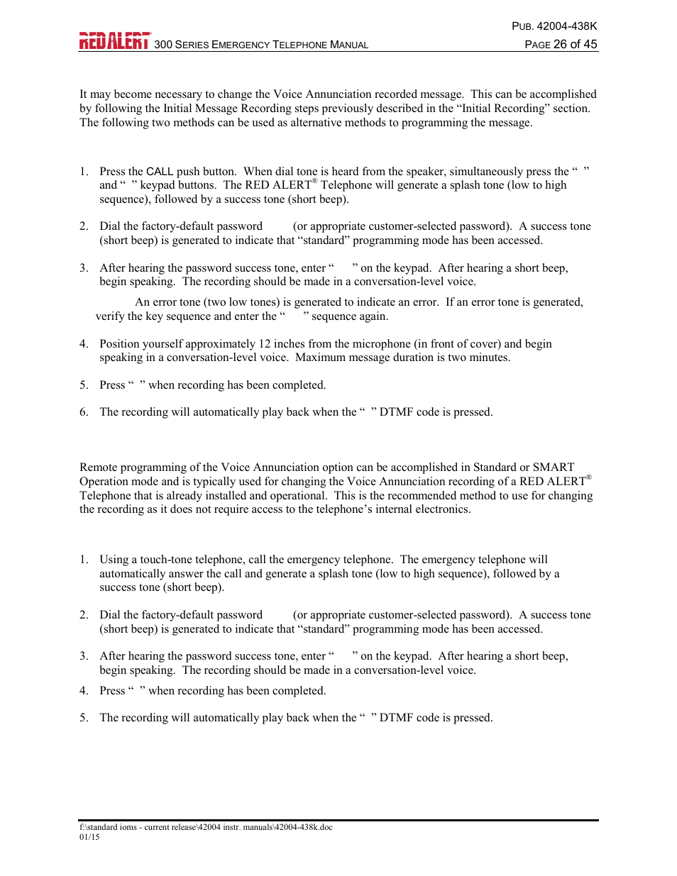 Change recorded message, Local record (integral keypad only), Remote record | Standard mode | GAI-Tronics 300 Series RED ALERT Emergency Telephone Manual User Manual | Page 28 / 48