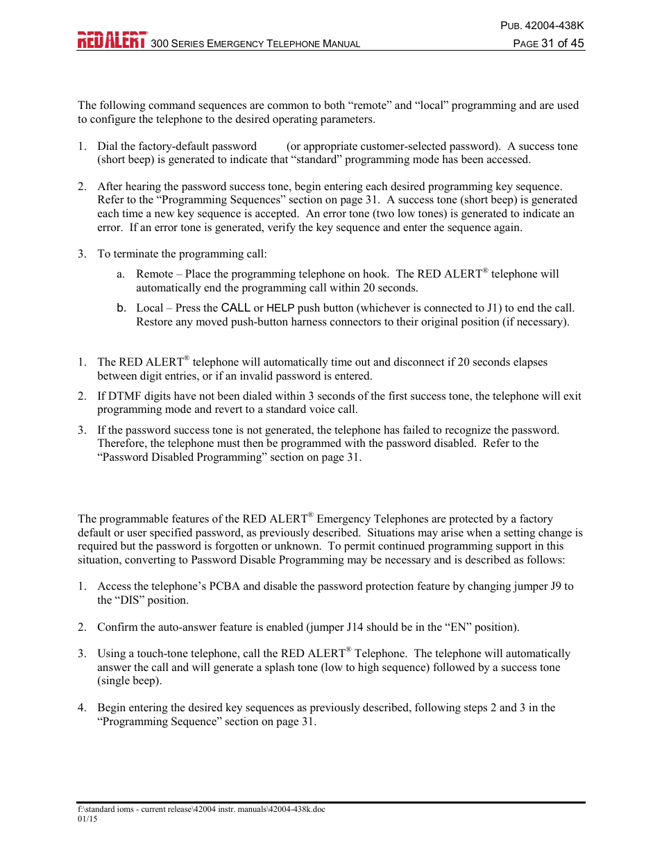 Programming sequence, Password disabled programming | GAI-Tronics 300 Series RED ALERT Emergency Telephone Manual User Manual | Page 33 / 48