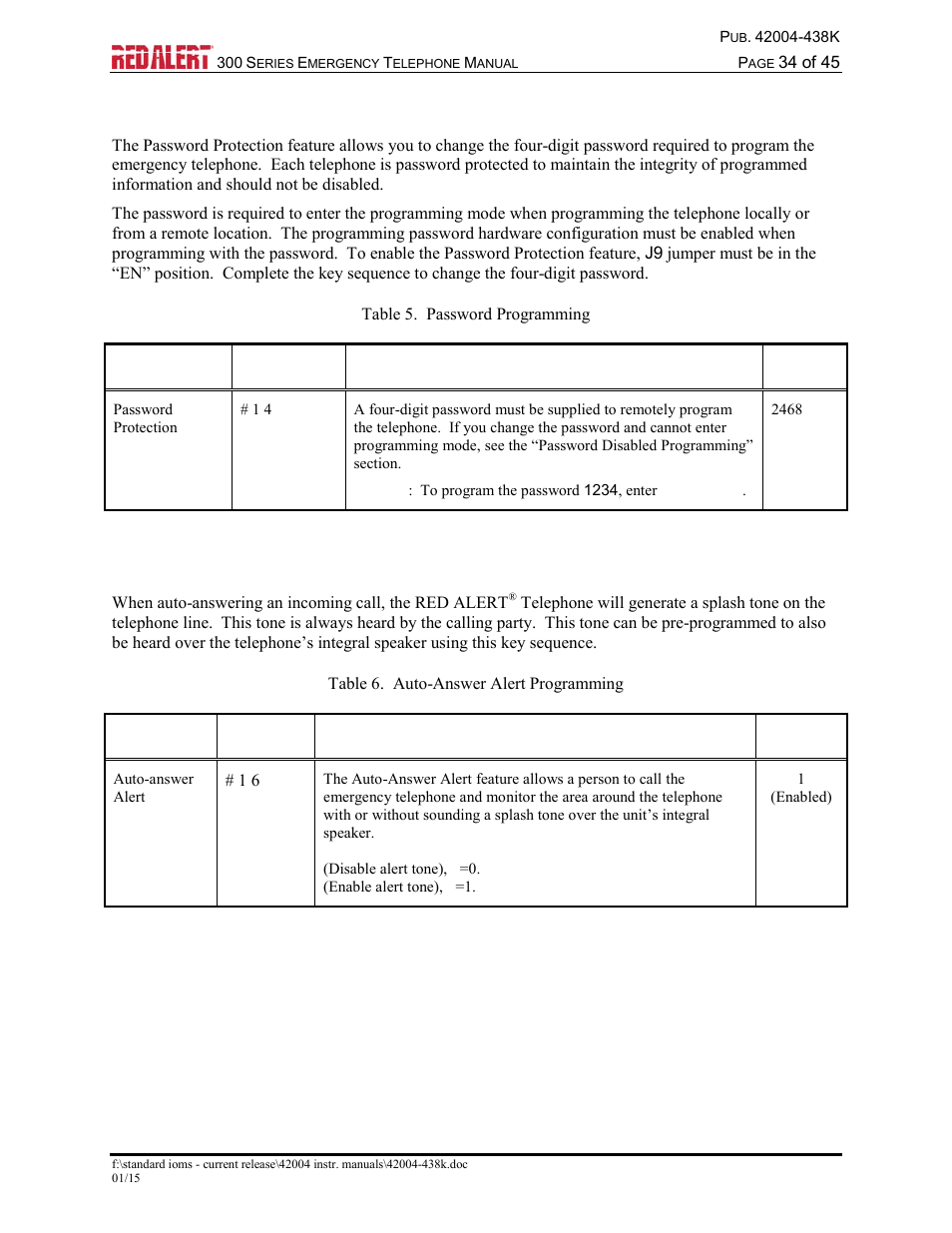 Password protection, Auto-answer alert feature | GAI-Tronics 300 Series RED ALERT Emergency Telephone Manual User Manual | Page 36 / 48