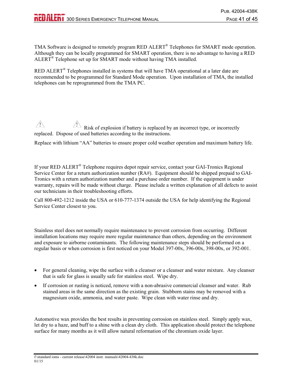 Smart mode programming, Maintenance, Service | Preventive maintenance for flush-mount phones, Cleaning, Prevention | GAI-Tronics 300 Series RED ALERT Emergency Telephone Manual User Manual | Page 43 / 48