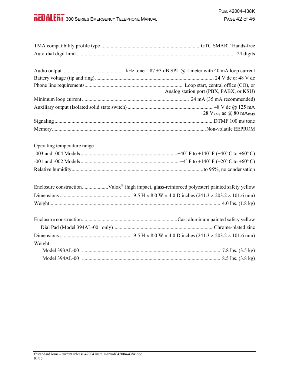 Specifications | GAI-Tronics 300 Series RED ALERT Emergency Telephone Manual User Manual | Page 44 / 48