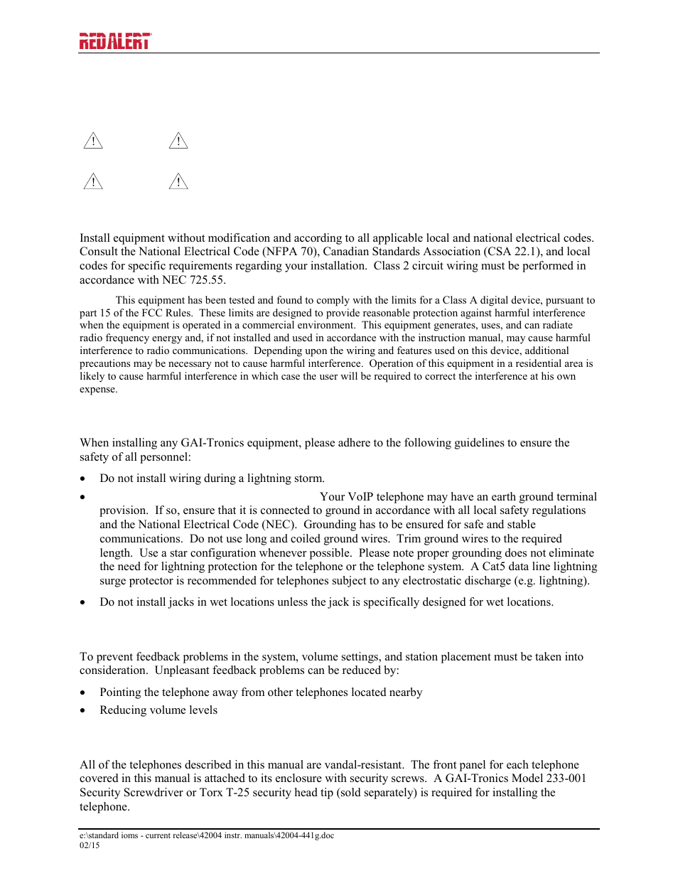 Installation, General information, Safety guidelines | Station placement, Security hardware | GAI-Tronics 393-700 RED ALERT 300 Series Hands-free VoIP Telephone Manual User Manual | Page 8 / 27