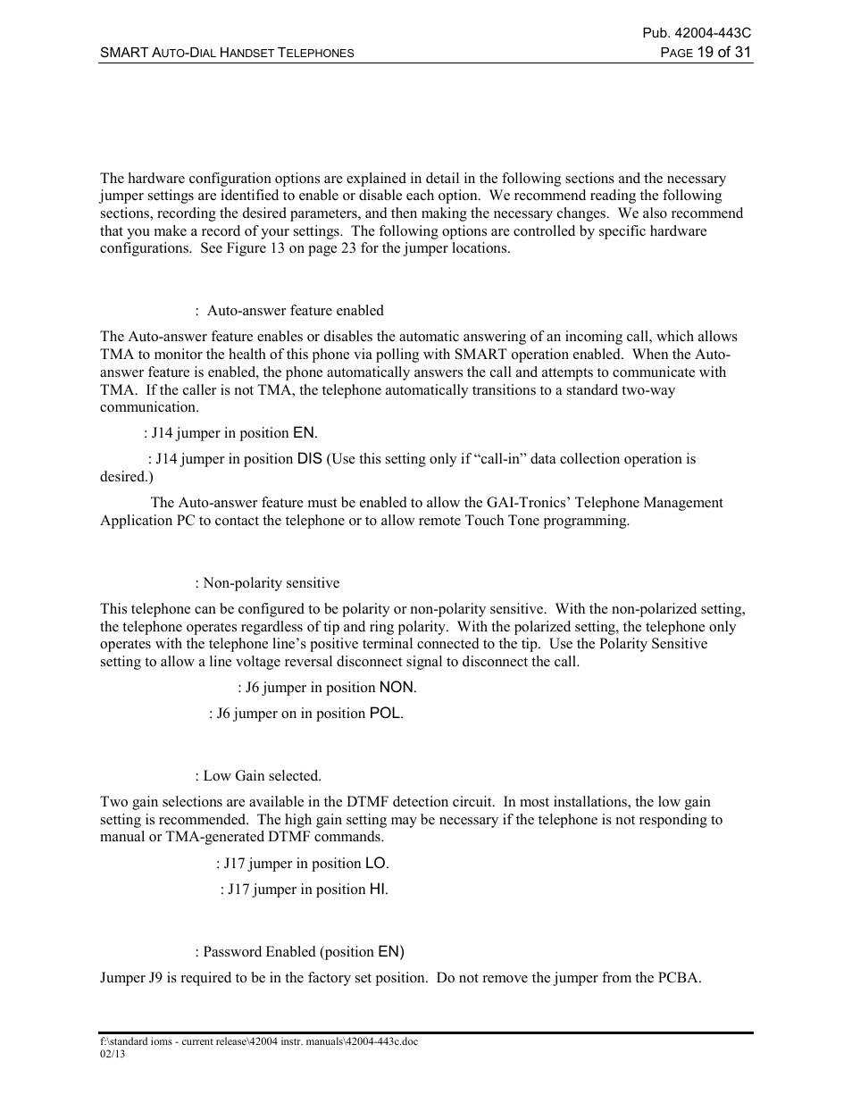 Setup, Hardware configuration, Auto-answer configuration | Polarity configuration, Dtmf gain select configuration, Password enable configuration | GAI-Tronics 227-005 SMART Auto-Dial Handset Telephones User Manual | Page 21 / 34