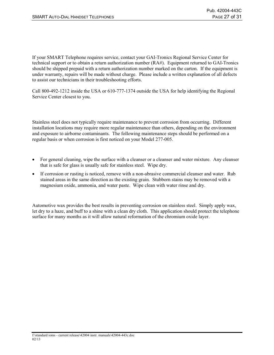Maintenance, Service, Preventive maintenance for model 277-005 | Cleaning, Prevention | GAI-Tronics 227-005 SMART Auto-Dial Handset Telephones User Manual | Page 29 / 34
