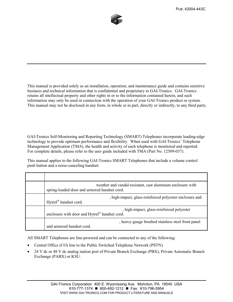 Confidentiality notice, Product overview, Telephones | Smart auto-dial handset telephones | GAI-Tronics 227-005 SMART Auto-Dial Handset Telephones User Manual | Page 3 / 34