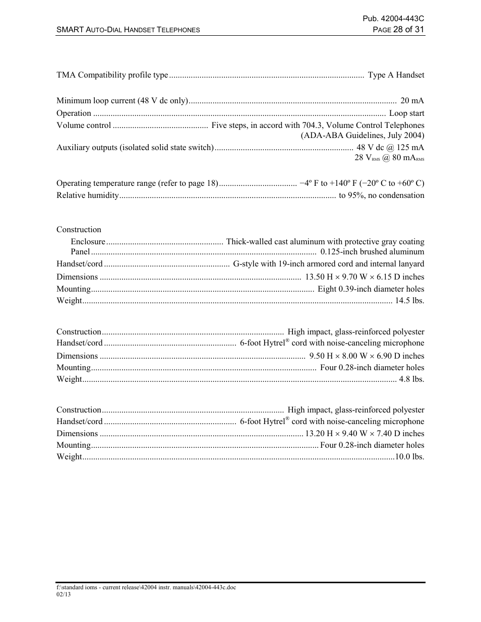 Specifications | GAI-Tronics 227-005 SMART Auto-Dial Handset Telephones User Manual | Page 30 / 34