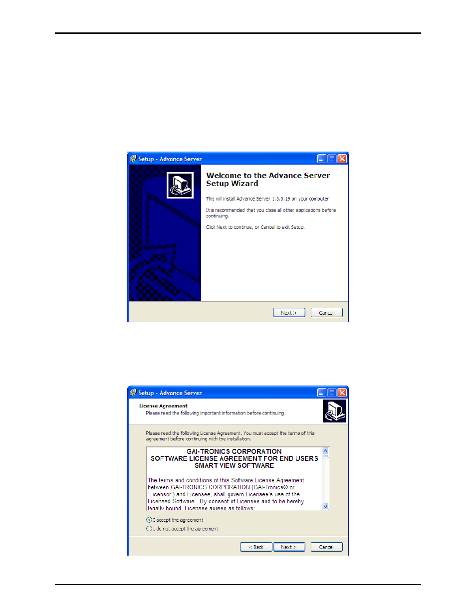Installing and registering the software, Advance server installation | GAI-Tronics ADVANCE System SmartView User Manual Ver 1.3 User Manual | Page 4 / 43