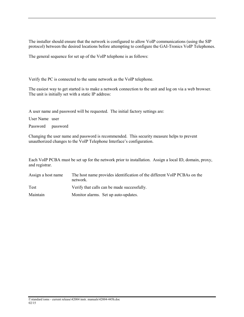 Programming, Voip pcba setup, Voip pcba initial network configuration | GAI-Tronics 226-700 Hanset VoIP Telephones with Keypad User Manual | Page 21 / 27