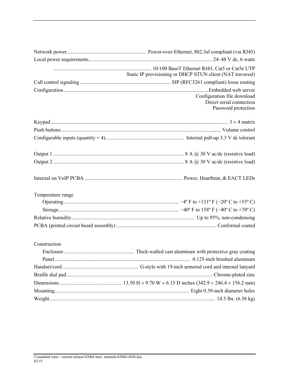 Specifications | GAI-Tronics 226-700 Hanset VoIP Telephones with Keypad User Manual | Page 24 / 27