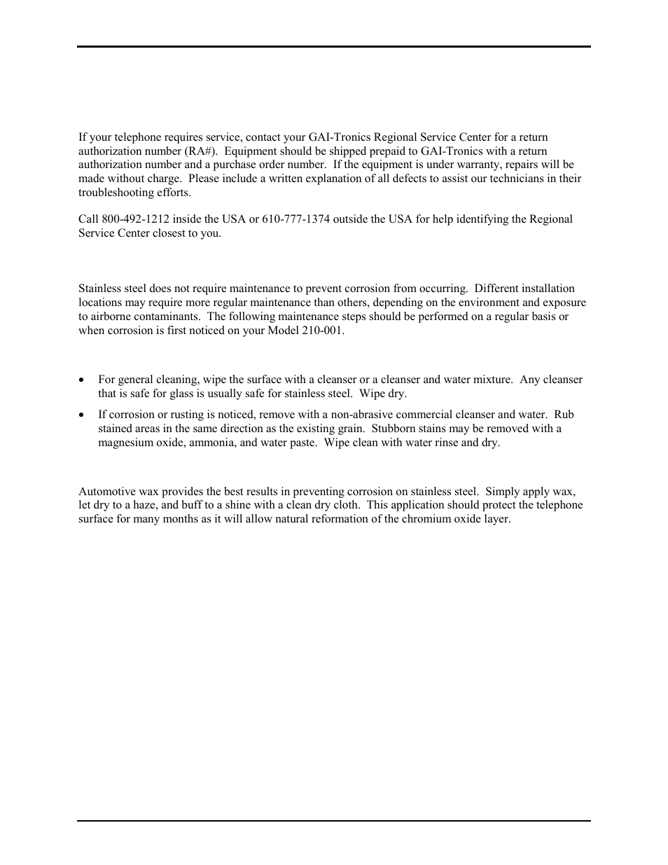 Maintenance, Service, Preventive maintenance | Cleaning, Prevention | GAI-Tronics 210-001 Corridor Telephone User Manual | Page 6 / 10