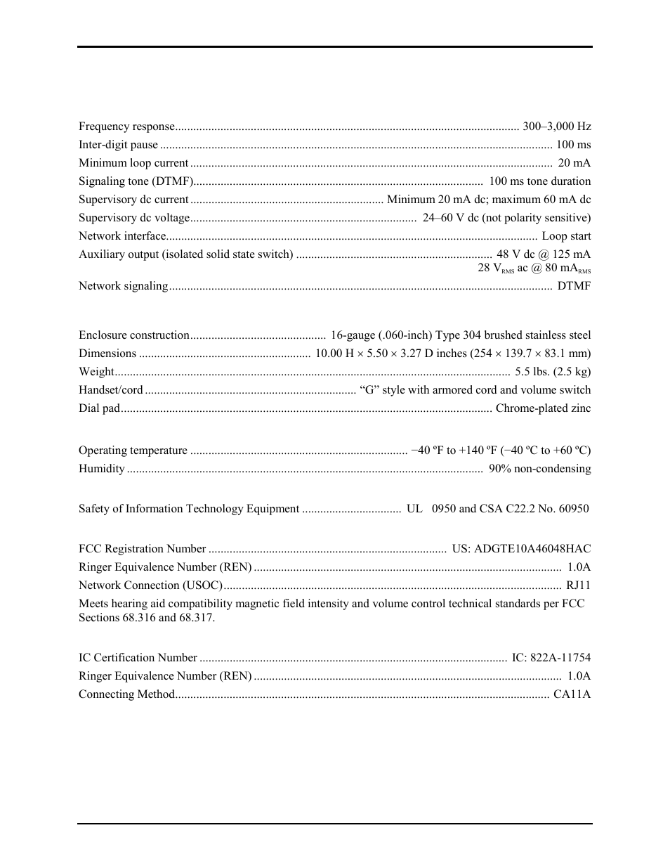 Specifications | GAI-Tronics 210-001 Corridor Telephone User Manual | Page 7 / 10