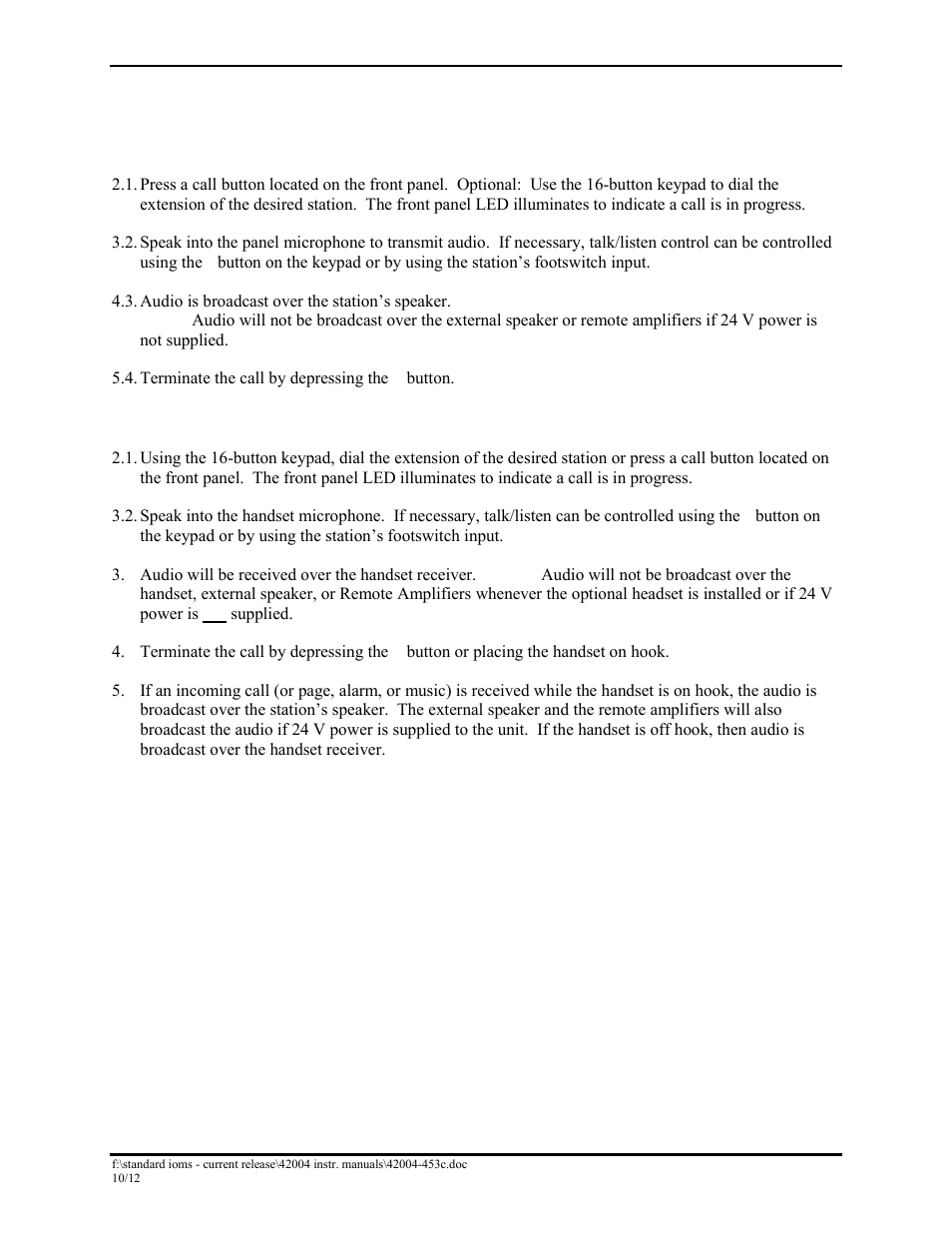 Operation, Hands-free operation, Handset operation | GAI-Tronics DHS-201 Digital Intercom Stations User Manual | Page 21 / 28