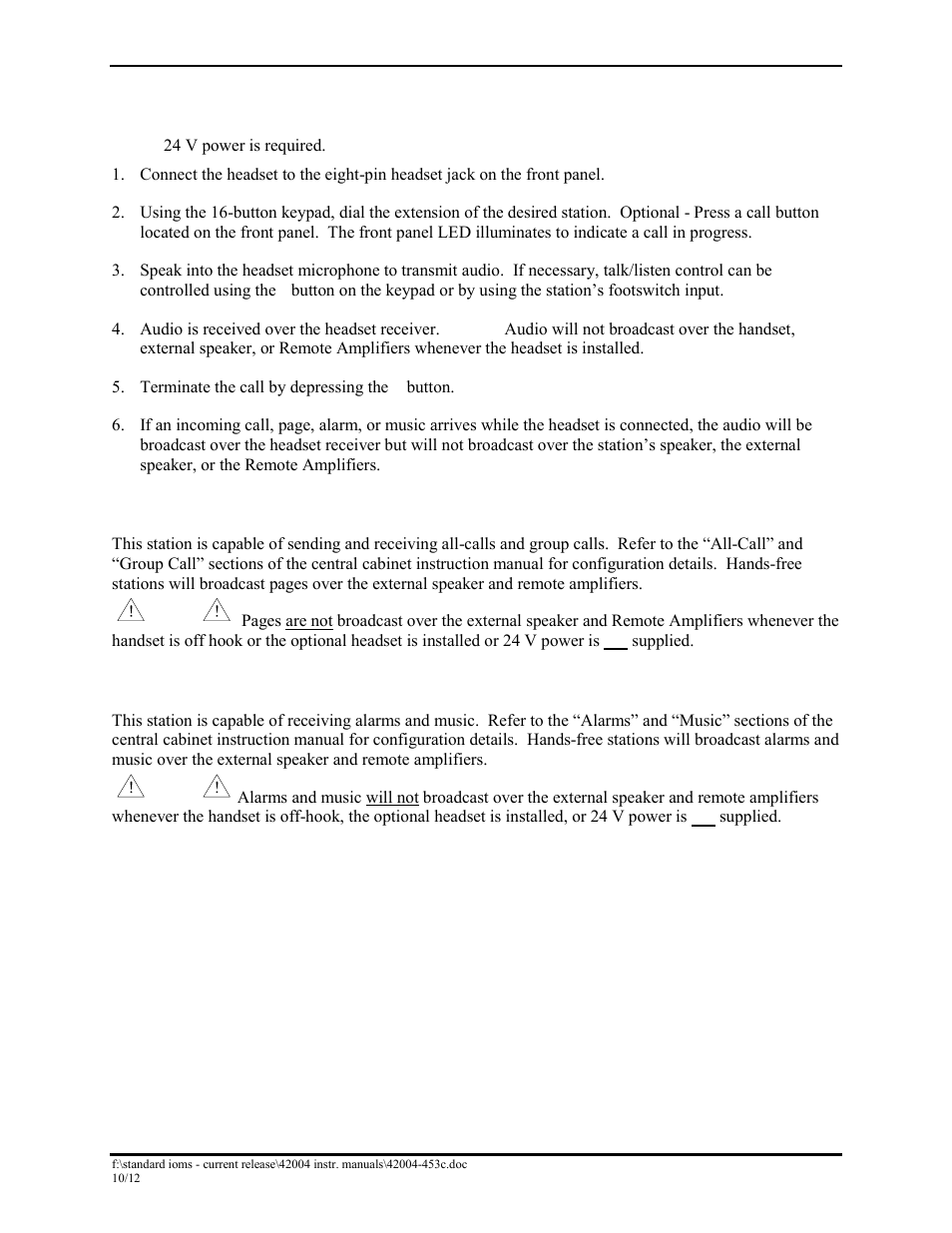 Headset operation, Paging, Alarms and music | GAI-Tronics DHS-201 Digital Intercom Stations User Manual | Page 22 / 28