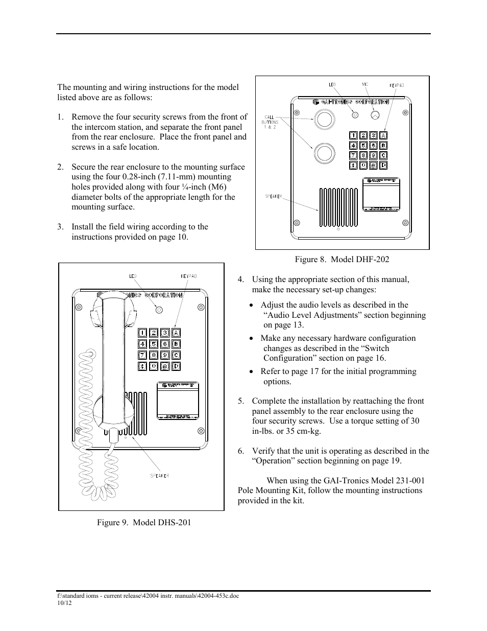 Mounting, Models dhs-201, dhf-201, and dhf-202 | GAI-Tronics DHS-201 Digital Intercom Stations User Manual | Page 9 / 28