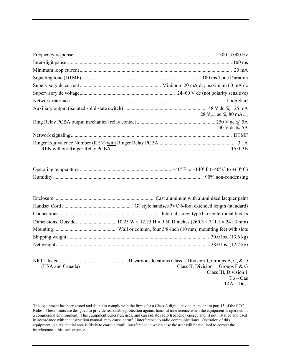 Specifications, User instructions (usa) | GAI-Tronics 352-001 UL Class I Division 1 Telephones User Manual | Page 13 / 14