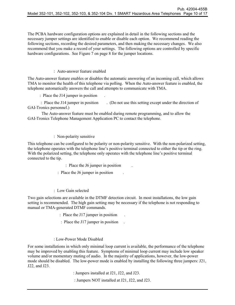 Pcba hardware configuration, Auto-answer configuration, Polarity configuration | Dtmf gain select configuration, Low-power mode configuration | GAI-Tronics 352-101 Division 1 SMART Telephones User Manual | Page 10 / 18