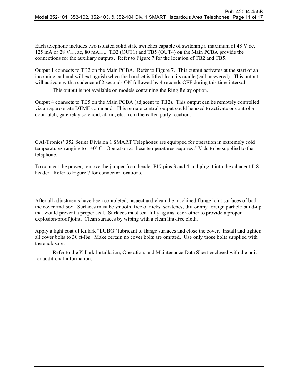 Auxiliary outputs, Extreme cold temperature operation, Attach the front cover | GAI-Tronics 352-101 Division 1 SMART Telephones User Manual | Page 11 / 18