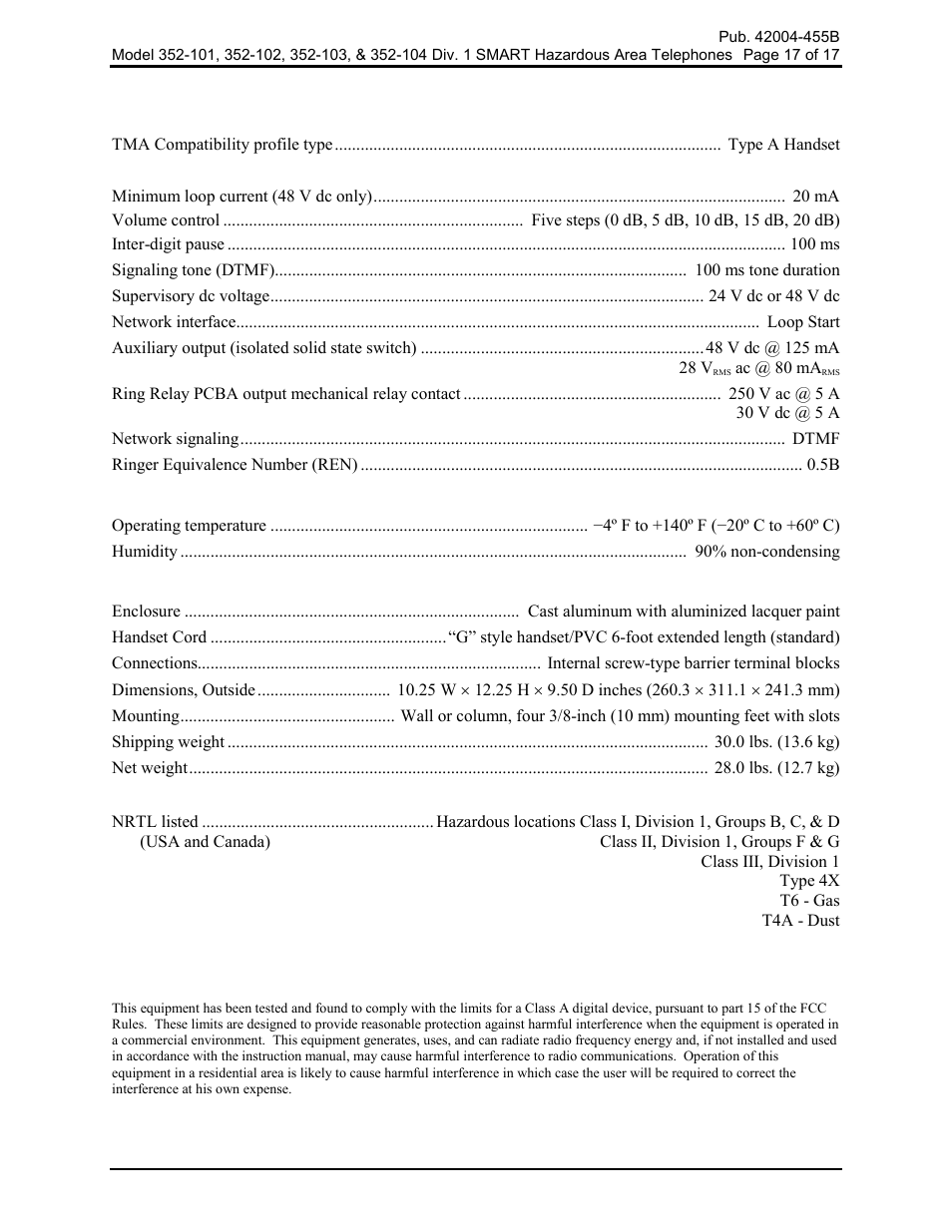 Specifications, User instructions (usa) | GAI-Tronics 352-101 Division 1 SMART Telephones User Manual | Page 17 / 18