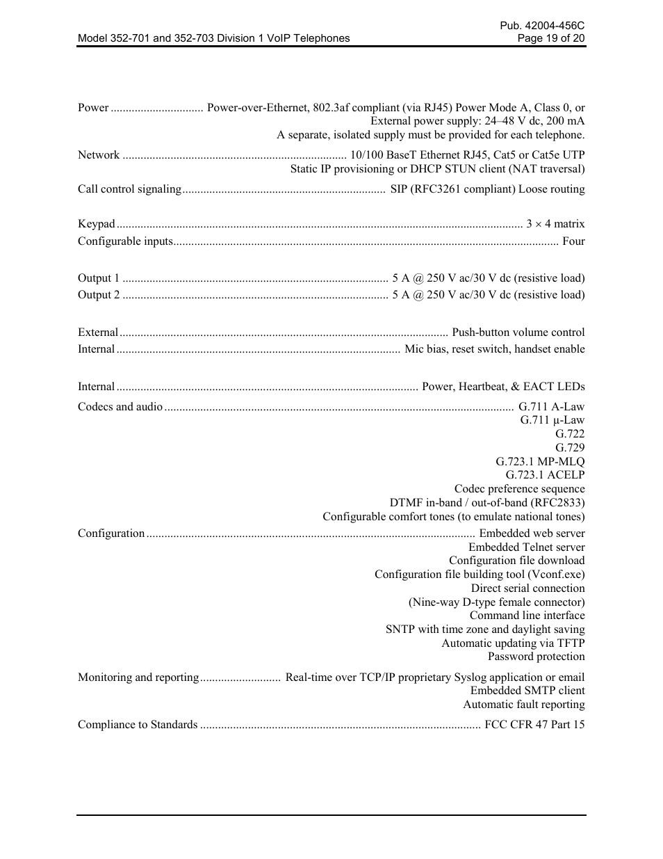 Specifications | GAI-Tronics 352-701 UL Class 1 Division 1 VoIP Telephones User Manual | Page 19 / 21