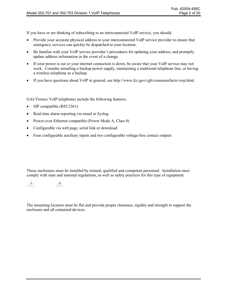 Tips for voip subscribers, Features and functions, Installation | Installation guidelines | GAI-Tronics 352-701 UL Class 1 Division 1 VoIP Telephones User Manual | Page 2 / 21