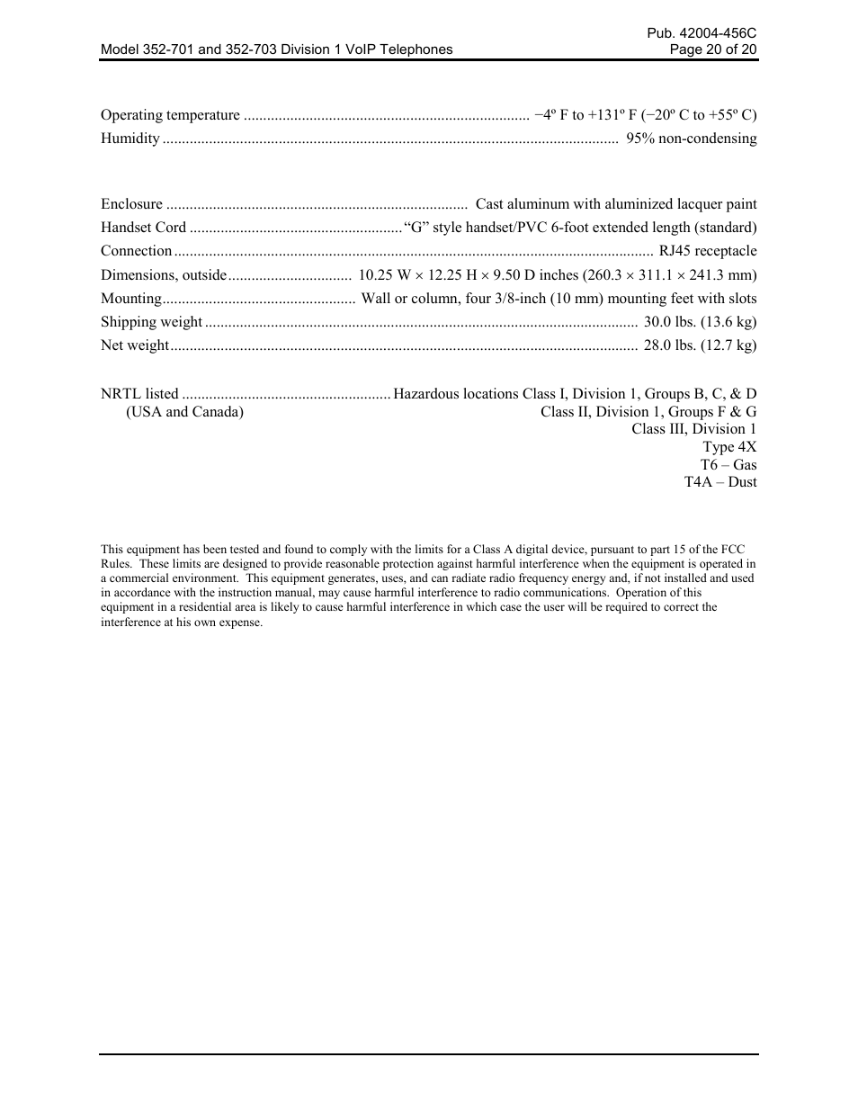 User instructions (usa) | GAI-Tronics 352-701 UL Class 1 Division 1 VoIP Telephones User Manual | Page 20 / 21