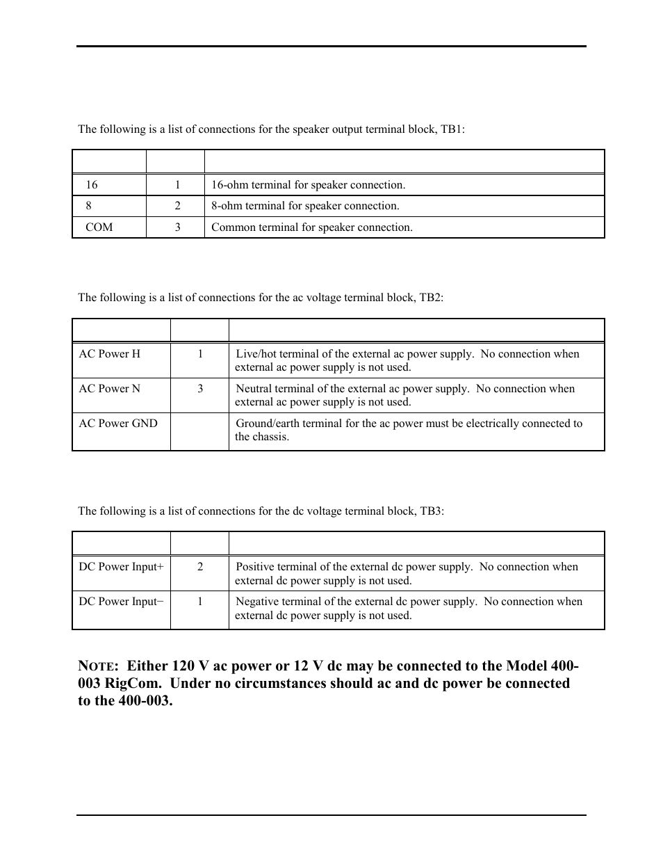 Field installation interface, Tb1 - speaker terminal block, Tb2 - ac voltage terminal block | Tb3 - dc voltage terminal block | GAI-Tronics 400-003 IEC / ATEX Zone 1 RigCom Station User Manual | Page 9 / 17