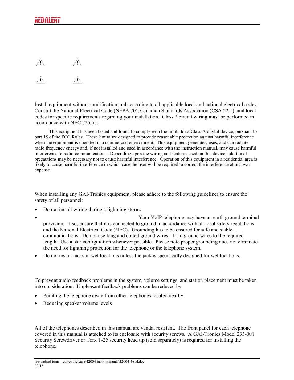 Installation, General information, Safety guidelines | Station placement, Security hardware | GAI-Tronics 397-700CB RED ALERT VoIP Retro-fit Telephones User Manual | Page 10 / 24