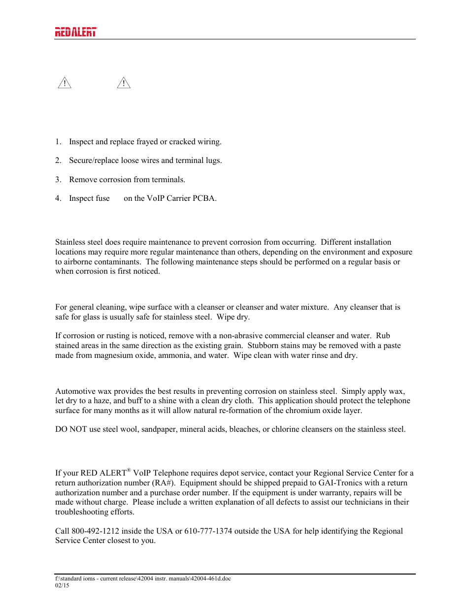 Maintenance, General information, Preventive maintenance | Cleaning, Prevention, Service | GAI-Tronics 397-700CB RED ALERT VoIP Retro-fit Telephones User Manual | Page 20 / 24