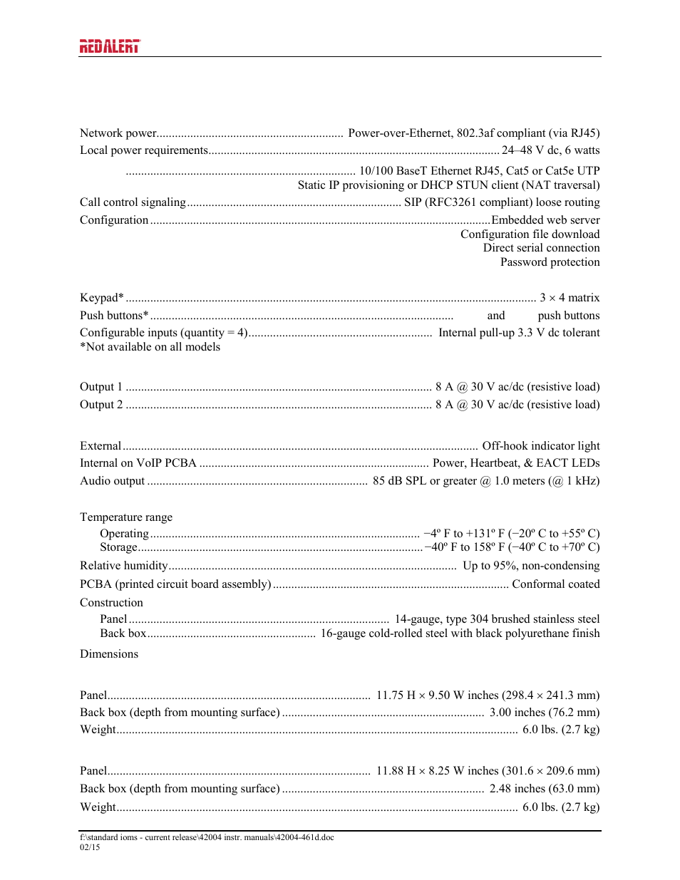 Specifications | GAI-Tronics 397-700CB RED ALERT VoIP Retro-fit Telephones User Manual | Page 22 / 24