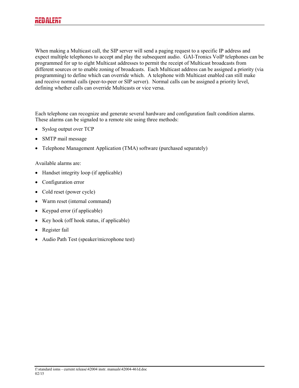 Multicast broadcast, Monitoring and reporting | GAI-Tronics 397-700CB RED ALERT VoIP Retro-fit Telephones User Manual | Page 7 / 24
