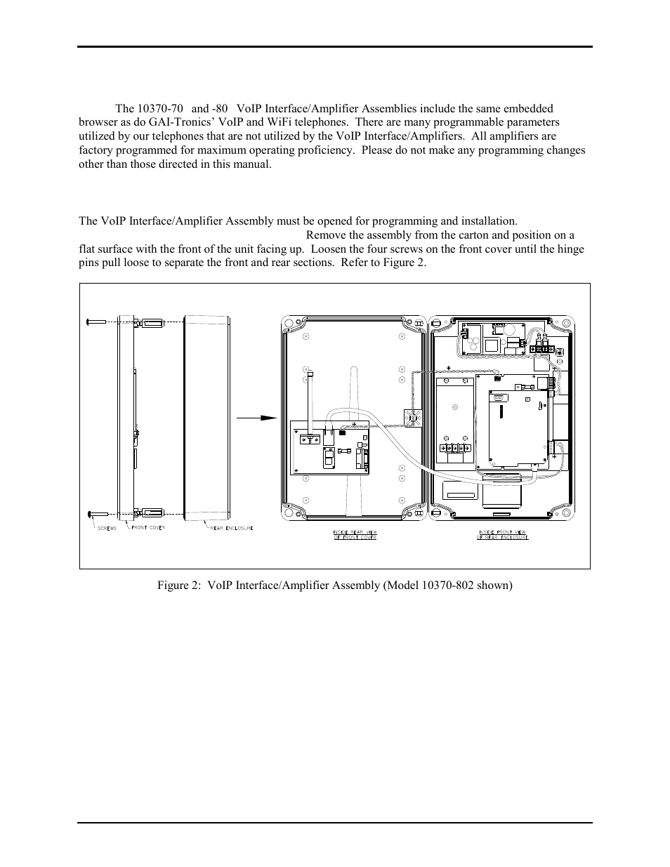 Programming & set up, Opening the voip interface/amplifier assembly, Programming and set up | GAI-Tronics 10370-701 VoIP Interface/Amplifier Assemblies User Manual | Page 14 / 25