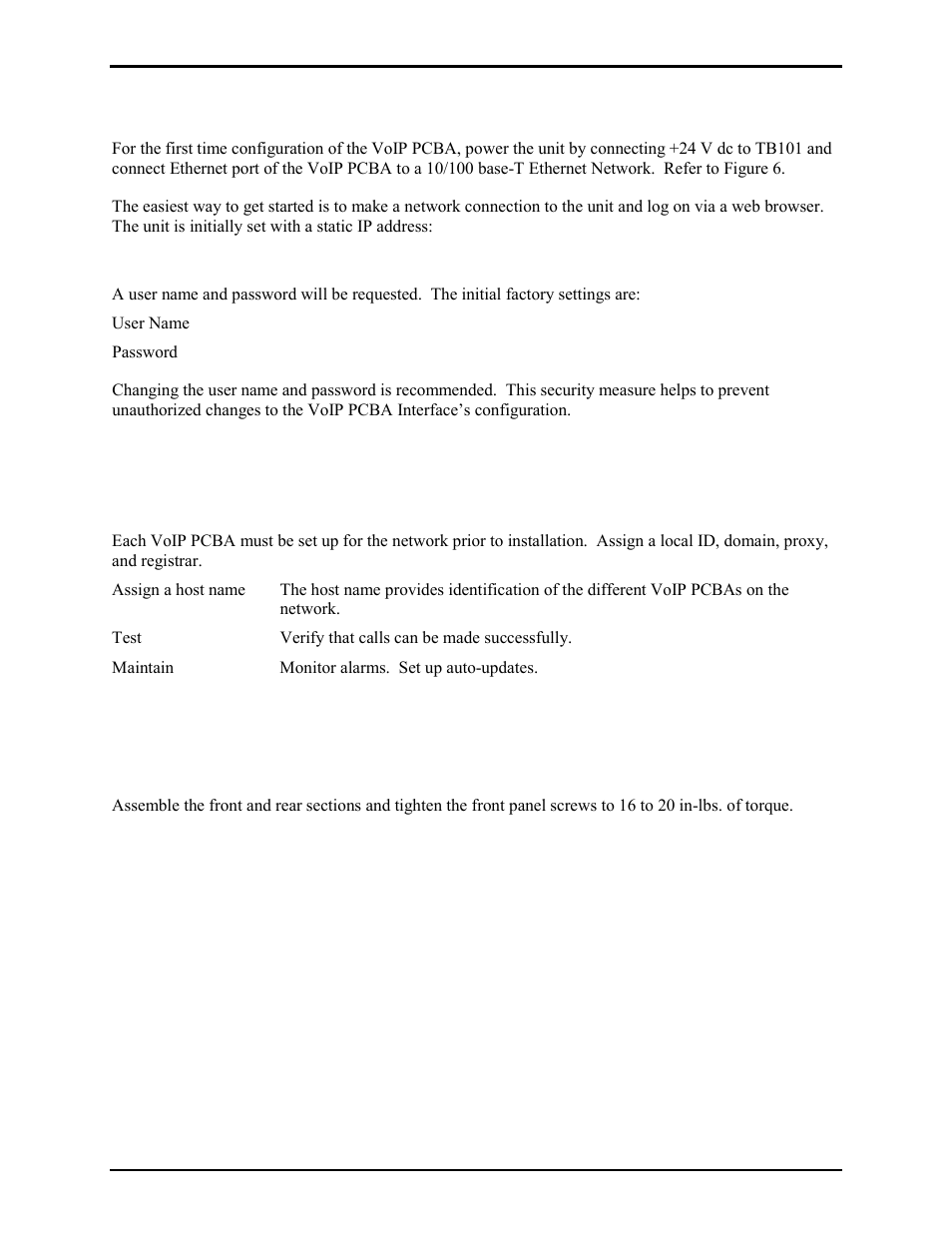 Voip pcba configuration, Voip pcba initial network configuration, Closing the voip interface/amplifier assembly | GAI-Tronics 10370-701 VoIP Interface/Amplifier Assemblies User Manual | Page 18 / 25