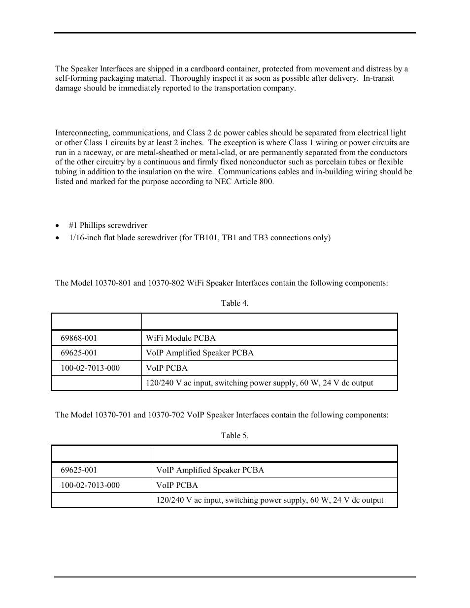 Mechanical receipt inspection, Cable installation safety considerations, Required tools | Amplifier components | GAI-Tronics 10370-701 VoIP Interface/Amplifier Assemblies User Manual | Page 20 / 25
