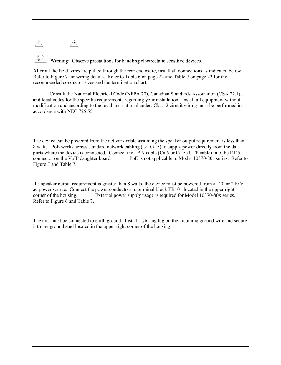 Field wiring, Power connection, Power over ethernet (poe) | Local power, Ground | GAI-Tronics 10370-701 VoIP Interface/Amplifier Assemblies User Manual | Page 22 / 25