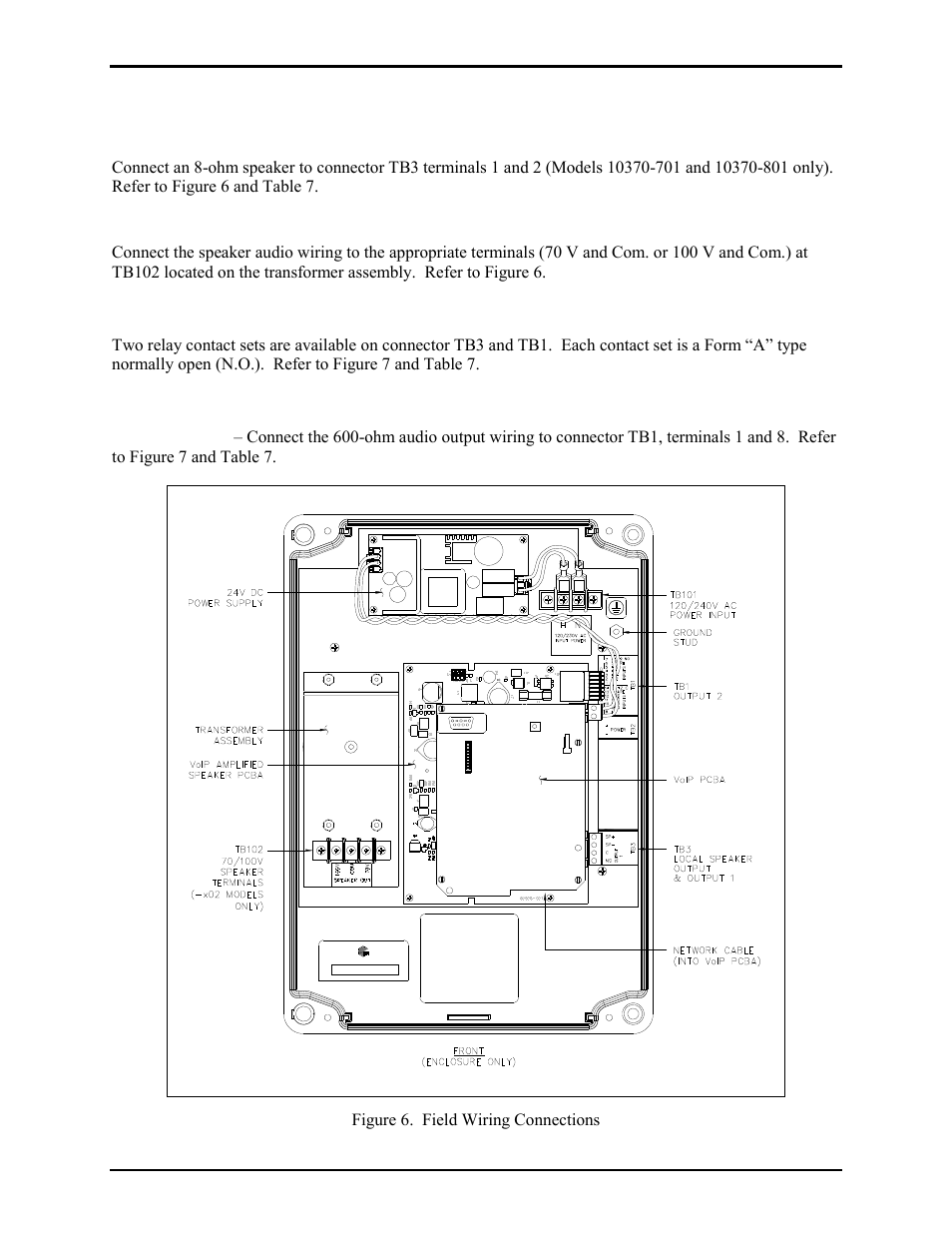 Speaker connection, Ohm output, 7 v or 100 v output | Output contact connections, Audio output connections | GAI-Tronics 10370-701 VoIP Interface/Amplifier Assemblies User Manual | Page 23 / 25