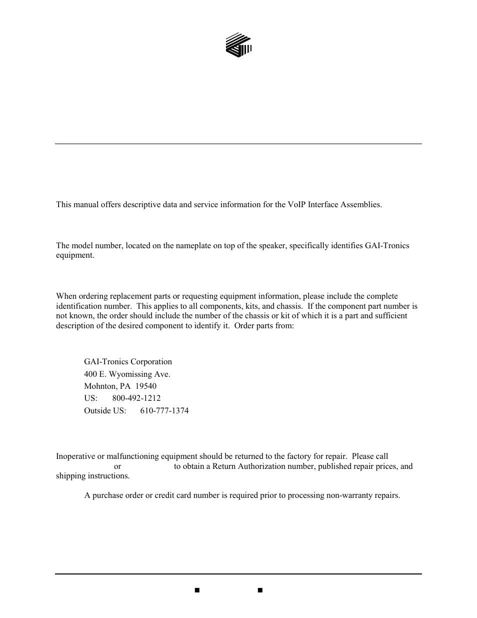 Foreword, Scope of manual, Nomenclature | Ordering replacement parts, Service and repair, Voip interface/amplifier assemblies | GAI-Tronics 10370-701 VoIP Interface/Amplifier Assemblies User Manual | Page 3 / 25