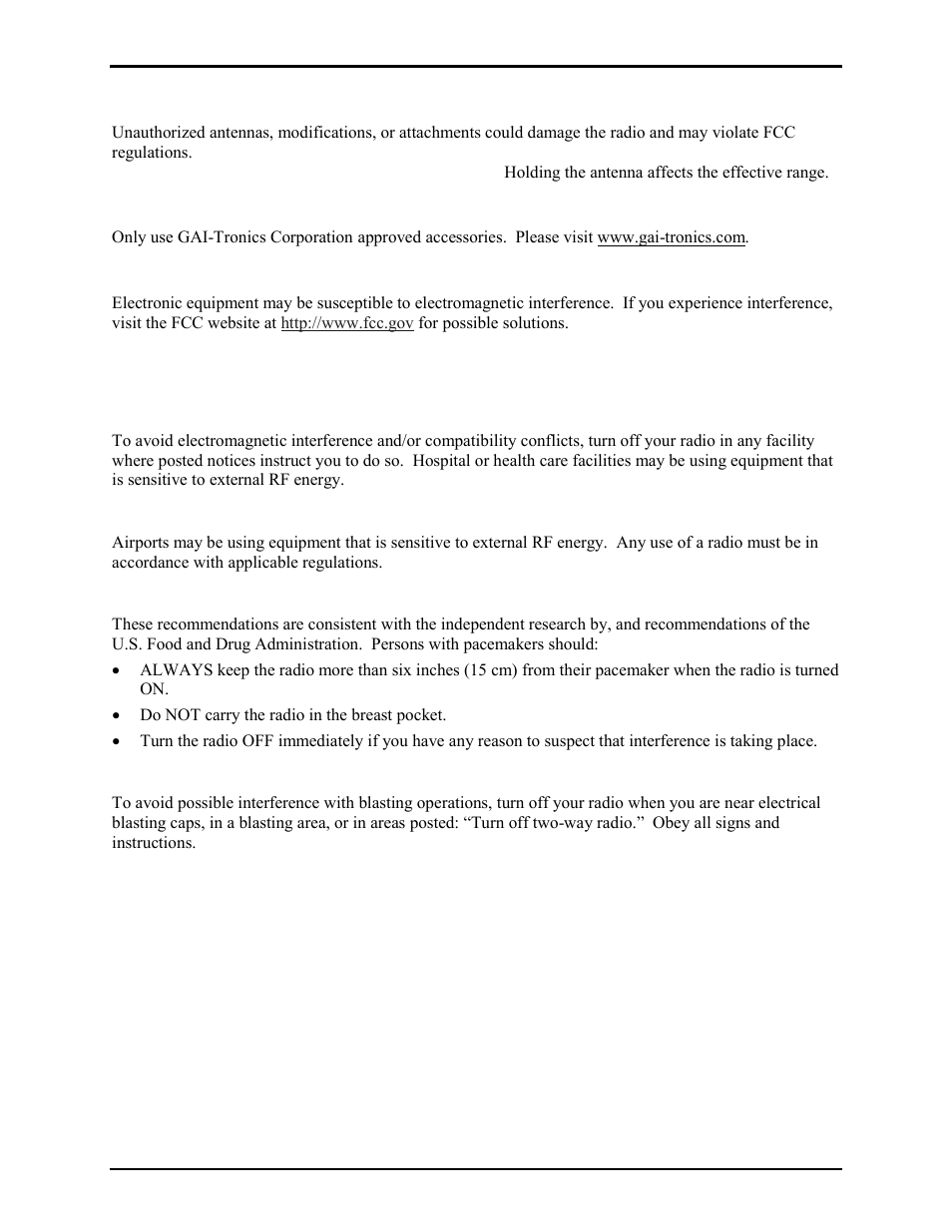 Antenna care, Approved accessories, Electromagnetic interference/compatibility | Operational cautions, Hospitals or health care facilities, Aircraft/airports, Medical devices - pacemakers, Blasting caps and areas | GAI-Tronics 10370-701 VoIP Interface/Amplifier Assemblies User Manual | Page 7 / 25