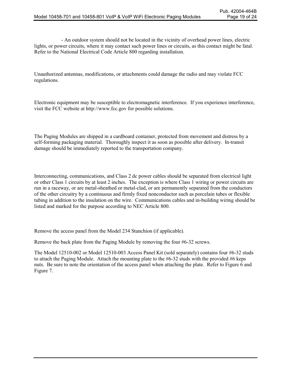 Outdoor installation product, Antenna care, Electromagnetic interference/compatibility | Mechanical receipt inspection, Cable installation safety considerations, Mounting | GAI-Tronics 10458-701 VoIP & VoIP WiFi Electronics Paging Modules User Manual | Page 21 / 27