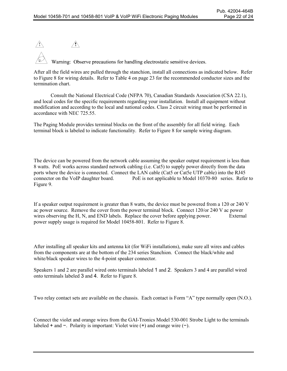 Field wiring, Power connection, Power over ethernet (poe) | Local power, Speaker connection, Output contact connections, Opto output connection | GAI-Tronics 10458-701 VoIP & VoIP WiFi Electronics Paging Modules User Manual | Page 24 / 27