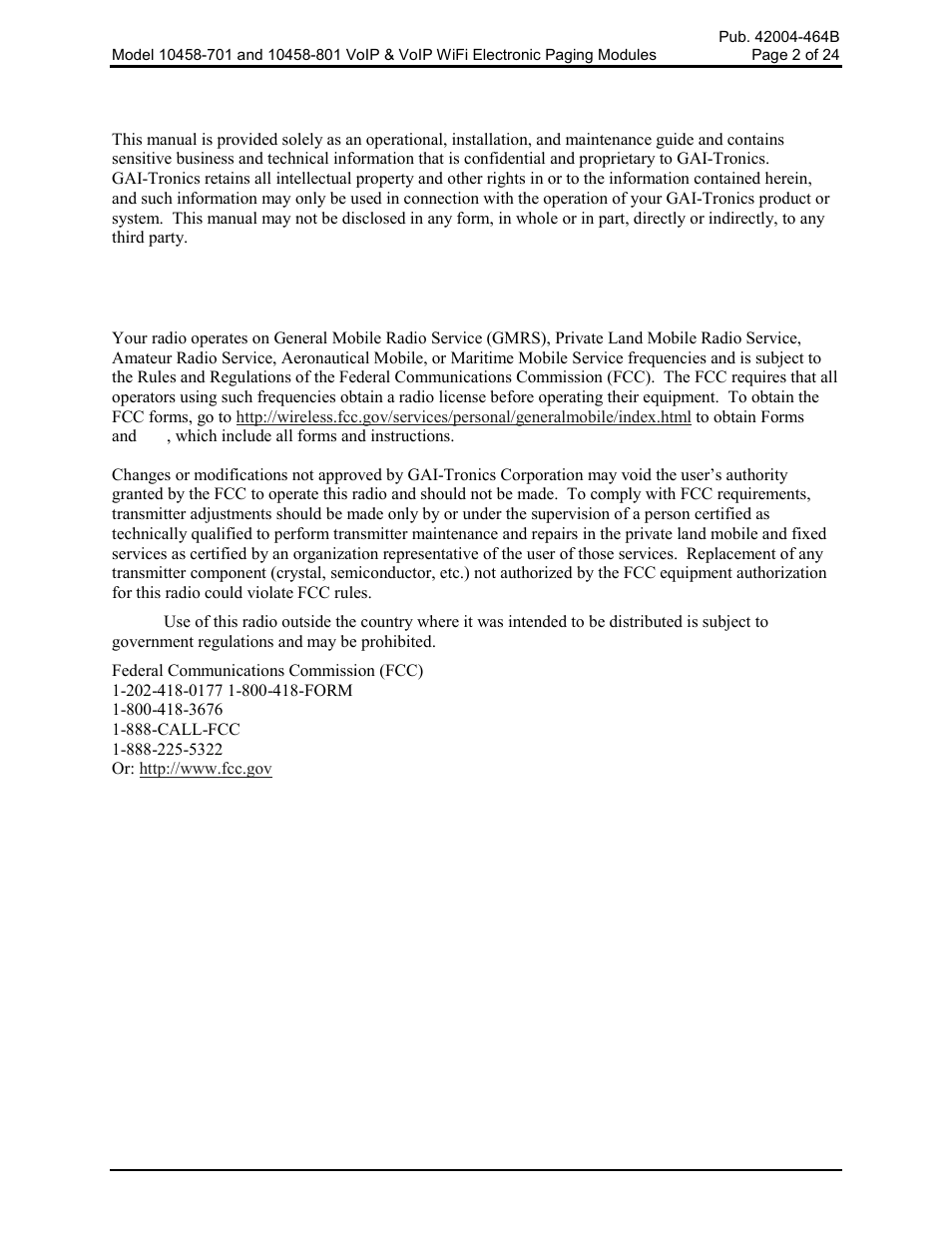 Confidentiality notice, Fcc licensing information | GAI-Tronics 10458-701 VoIP & VoIP WiFi Electronics Paging Modules User Manual | Page 4 / 27