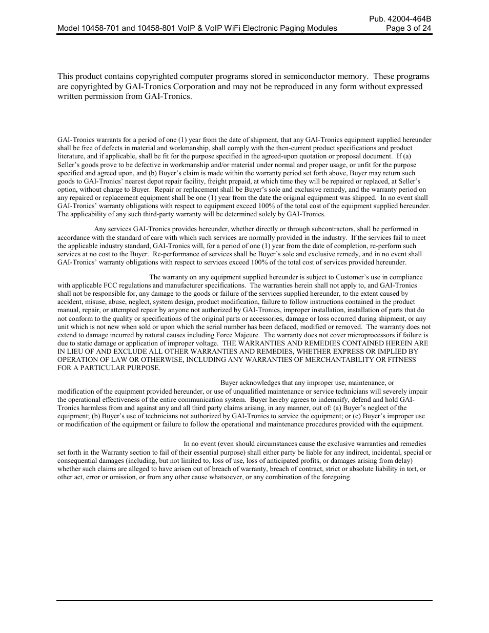 Computer software copyrights, Warranty | GAI-Tronics 10458-701 VoIP & VoIP WiFi Electronics Paging Modules User Manual | Page 5 / 27