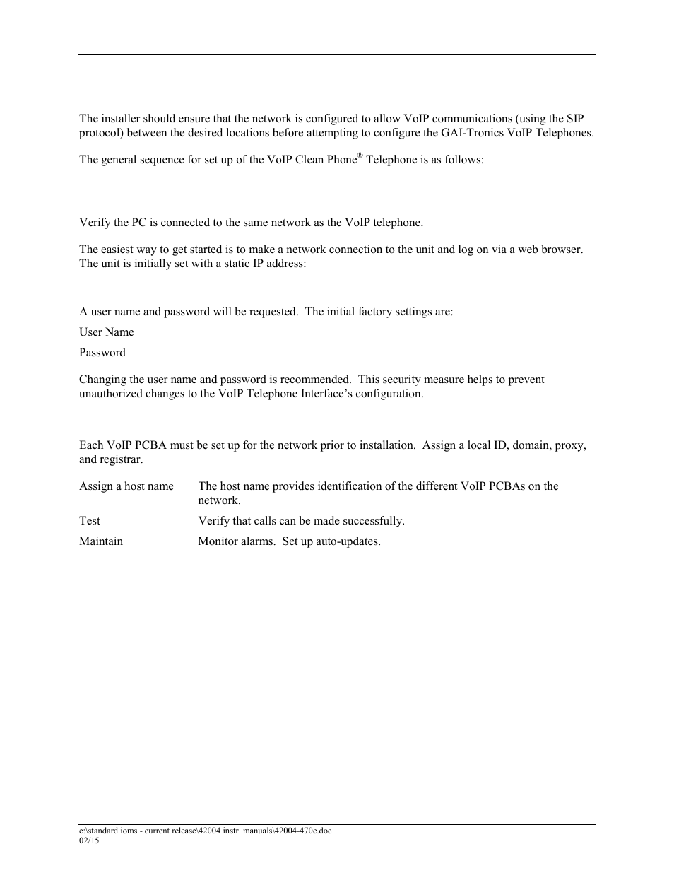 Programming, Voip pcba setup, Voip pcba initial network configuration | GAI-Tronics 295-702F, 295-702W VoIP Clean Telephones User Manual | Page 18 / 23