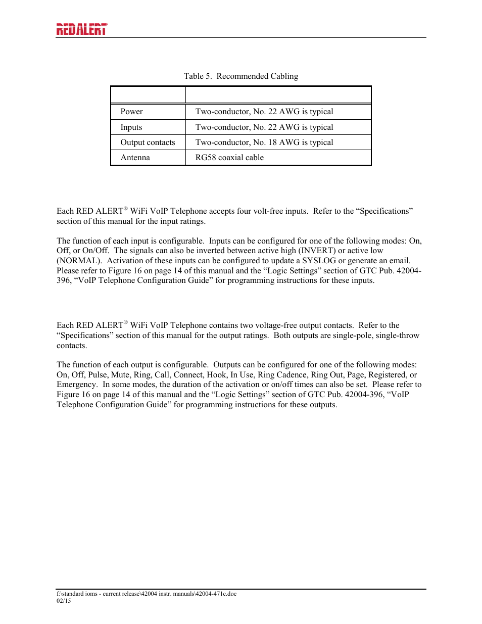 Recommended cabling, Wifi voip telephone input contacts, Wifi voip telephone output contacts | GAI-Tronics 393-800A RED ALERT Hands-free WiFi Telephones User Manual | Page 18 / 31