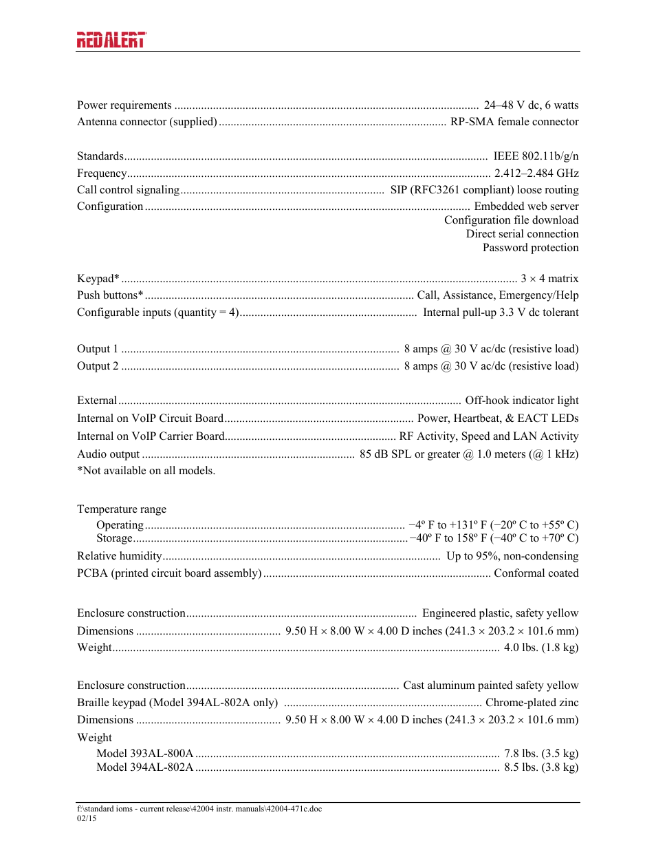 Specifications | GAI-Tronics 393-800A RED ALERT Hands-free WiFi Telephones User Manual | Page 28 / 31