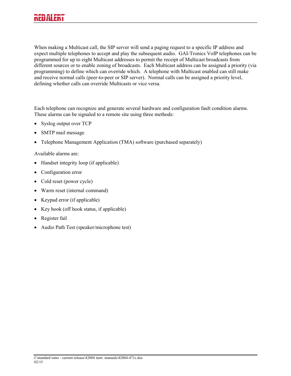 Multicast broadcast, Monitoring and reporting | GAI-Tronics 393-800A RED ALERT Hands-free WiFi Telephones User Manual | Page 7 / 31