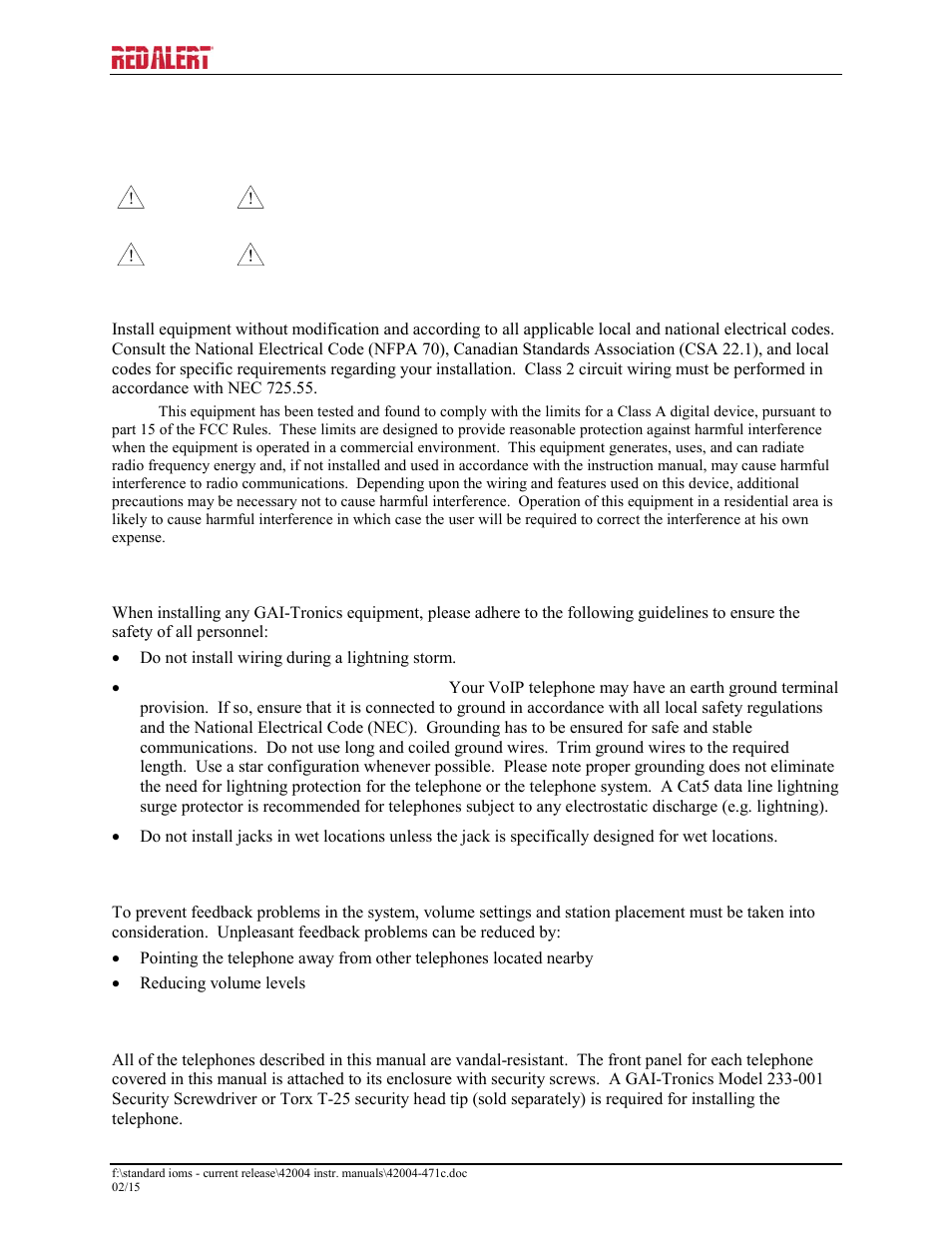 Installation, General information, Safety guidelines | Station placement, Security hardware | GAI-Tronics 393-800A RED ALERT Hands-free WiFi Telephones User Manual | Page 8 / 31