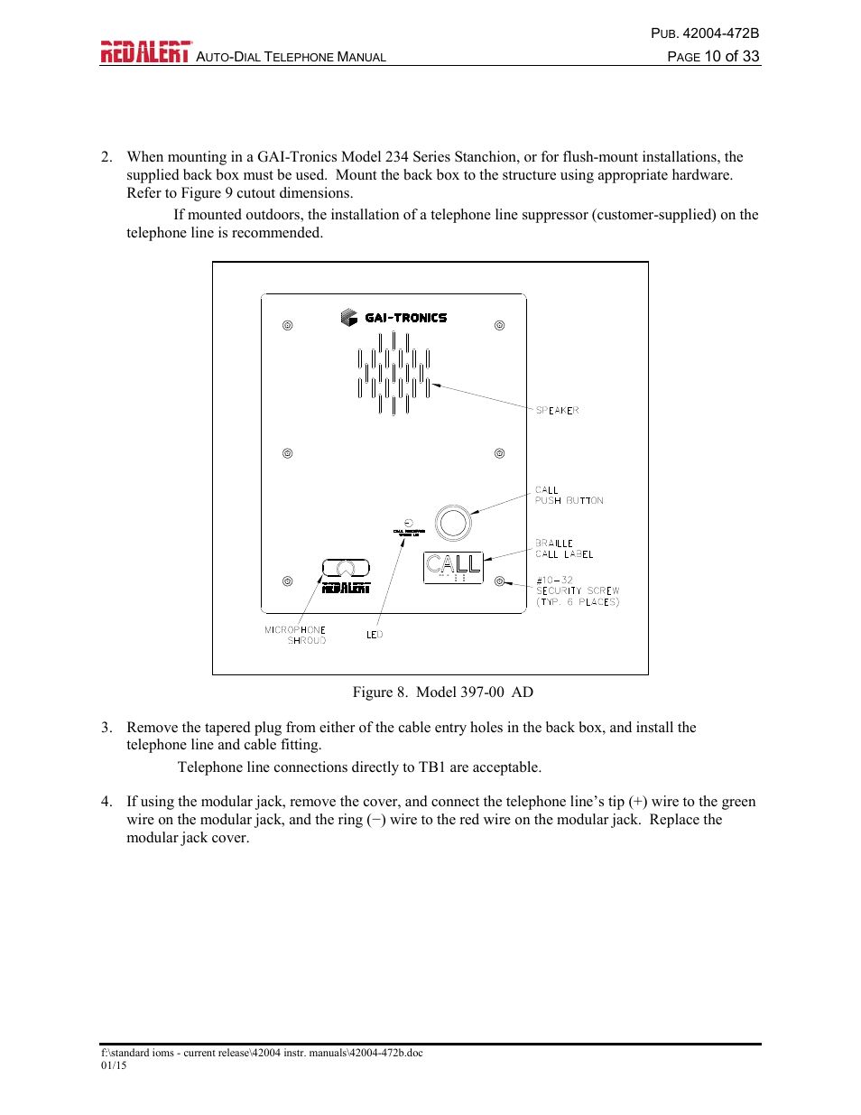 Model 397-00xad, Stanchion or flush-mount applications | GAI-Tronics 393-001AD,  RED ALERT Auto-dial Telephones User Manual | Page 12 / 36