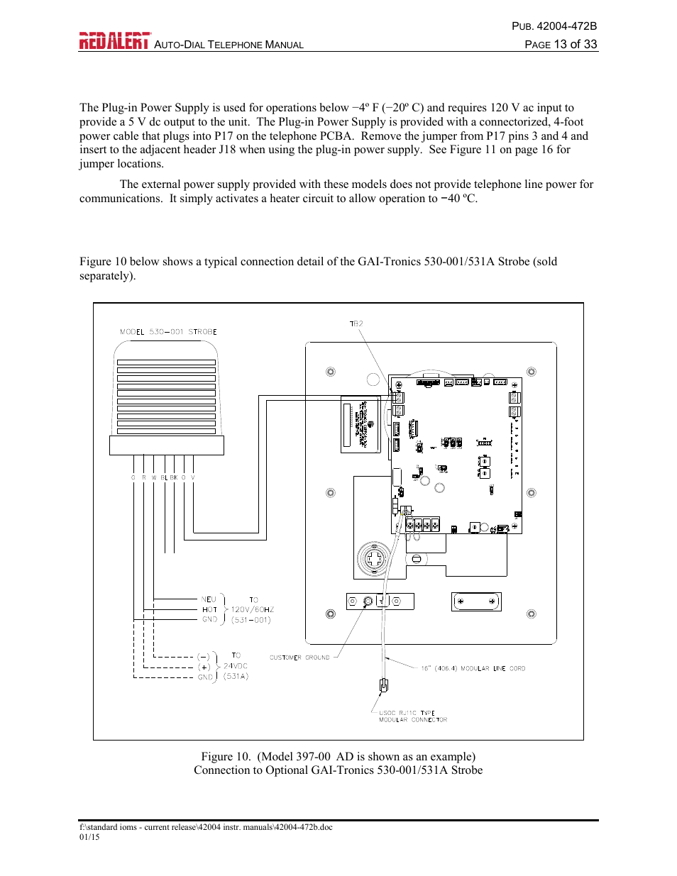 External power for –003ad models, Connecting a model 530 series strobe | GAI-Tronics 393-001AD,  RED ALERT Auto-dial Telephones User Manual | Page 15 / 36