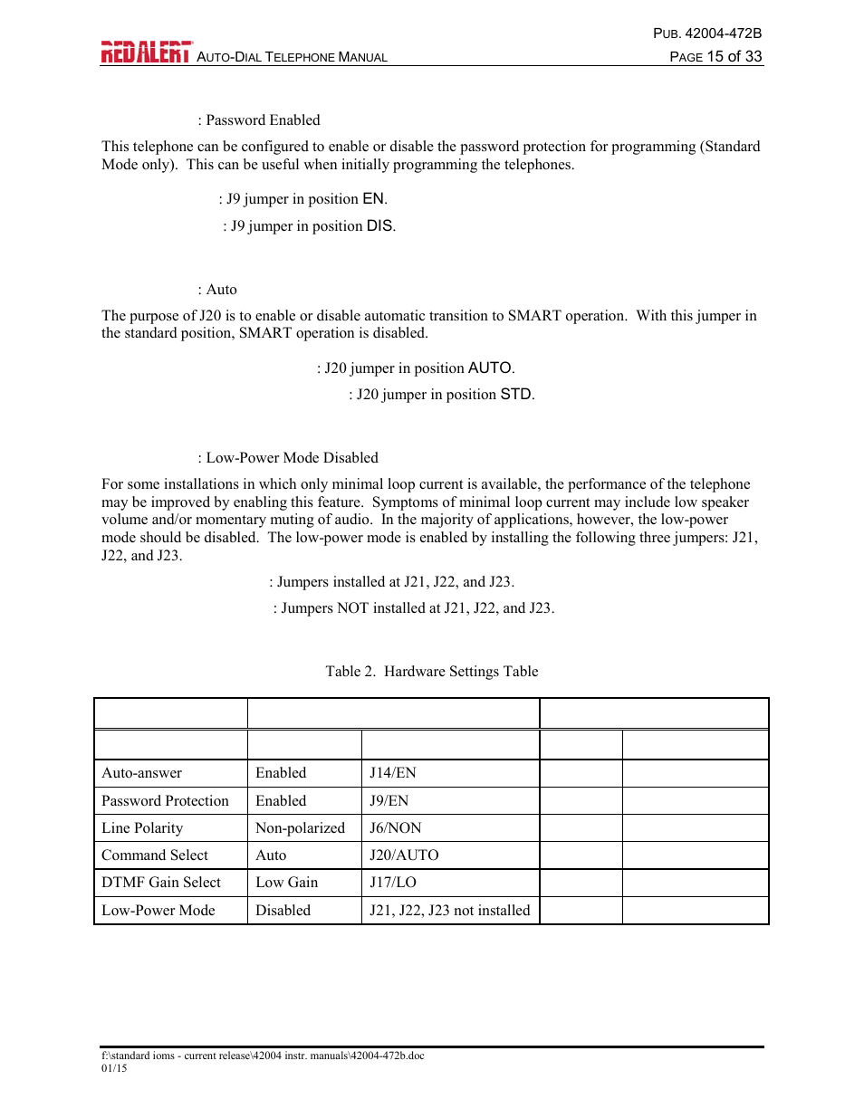 Password enable configuration, Command select configuration, Low-power mode configuration | Hardware settings | GAI-Tronics 393-001AD,  RED ALERT Auto-dial Telephones User Manual | Page 17 / 36